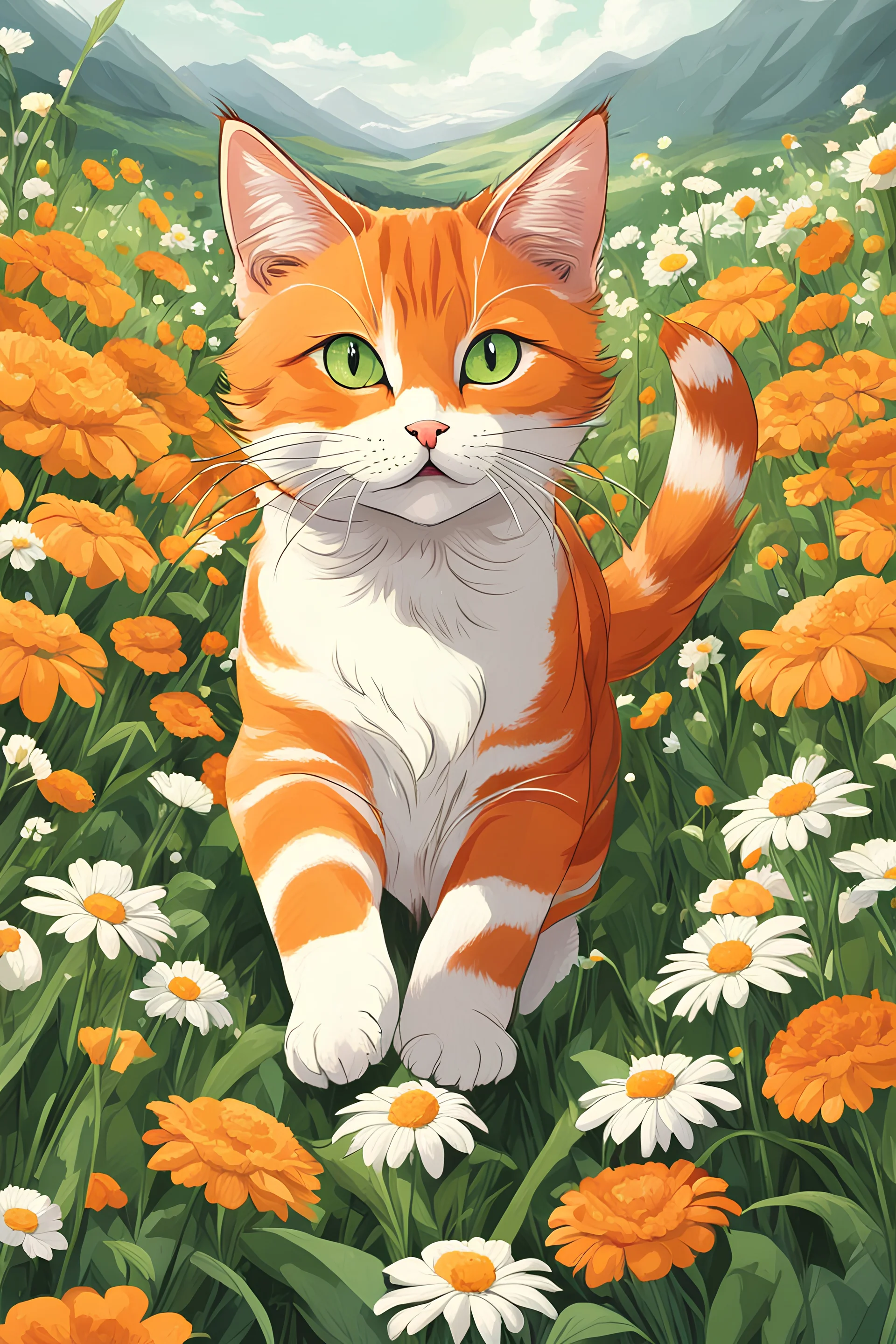 (((Animagine style))), (((Anime 90 style))), Cute orange cat with dark orange stripes and white underbelly trotting through a field of flowers, green eyes