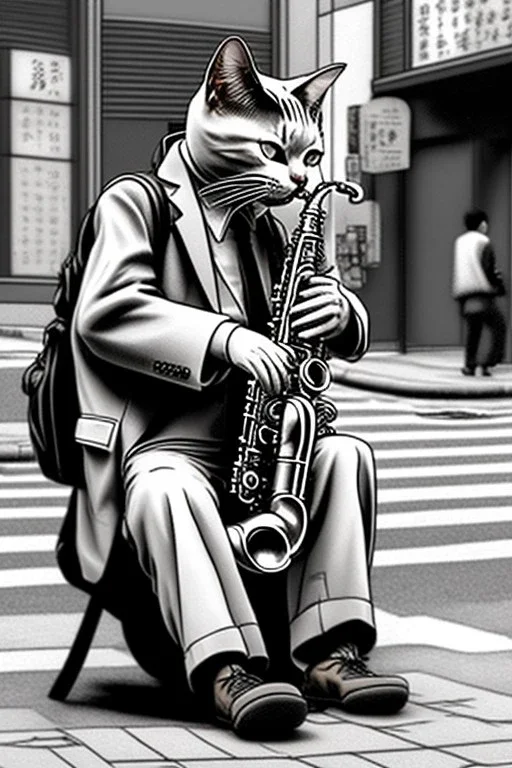 One single mature cat playing saxophone on the street, Osaka, thoughtful, mourning, model style, hyper realistic, extremely accurate, delicate, extremely detailed, Graphic novel style, wide-angle, open aperture, superfine pencil