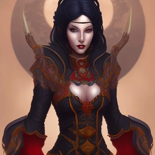 full body portrait of a beautiful woman with black hair and red glowing eyes in her middle age who has become a lich.