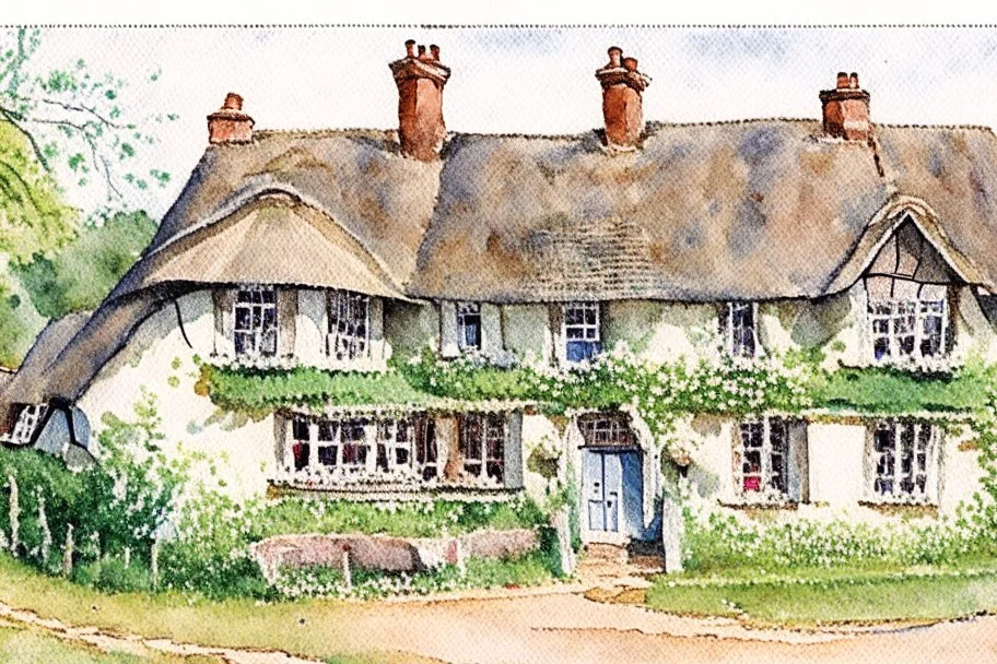Detailed loose watercolour of an English cottage