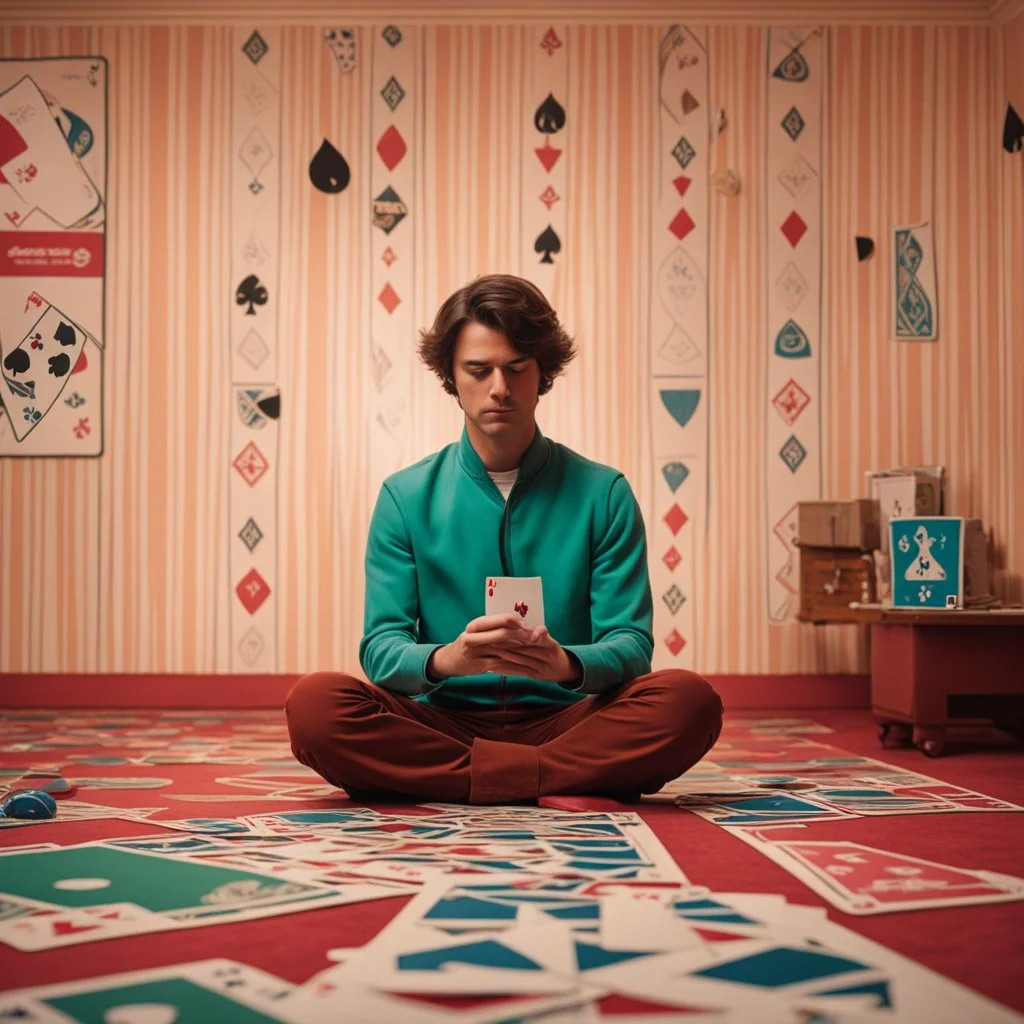 In a Wes Anderson-esque room, a young man meditates, looking at a single playing card at eye level, imagining which card it is. The scene is magical, capturing his mind-reading and card-gazing powers. The card is face down.