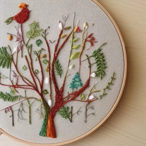 exquisite whimsical forest in embroidery hoop, intricate, highly detailed, linen and wood backdrop