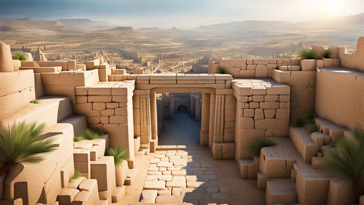 An ancient Phoenician city with a large gate , from down view