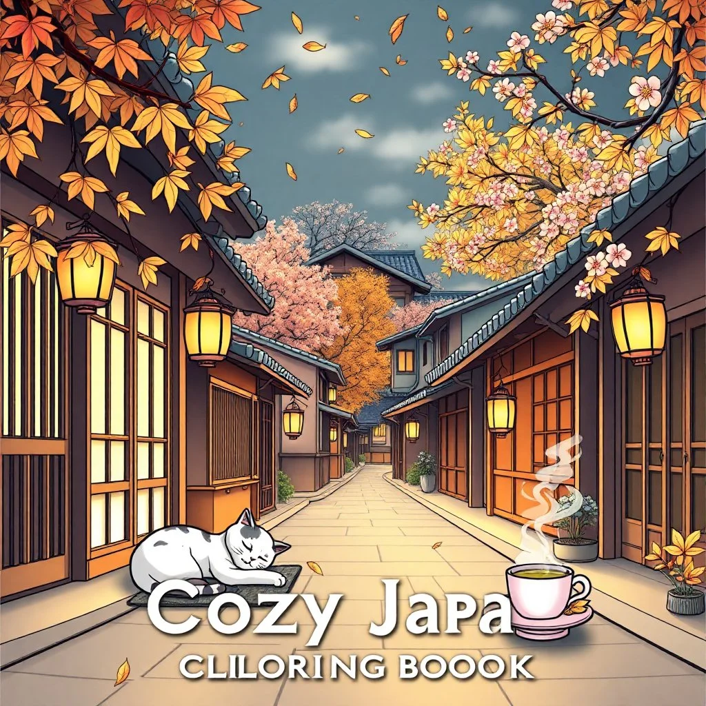 Create a book cover for "Cozy Japan Coloring Book" featuring a tranquil street scene in a traditional Japanese village during early autumn. Delicate maple leaves drift through the air, while warm lantern light glows from small wooden houses with sliding paper doors. A peaceful cat naps on a tatami mat by the door, and steam curls up from a teacup on a windowsill. Cherry blossom trees mingle with golden foliage in the background, and soft light spills over the rooftops. The scene is rich with tex
