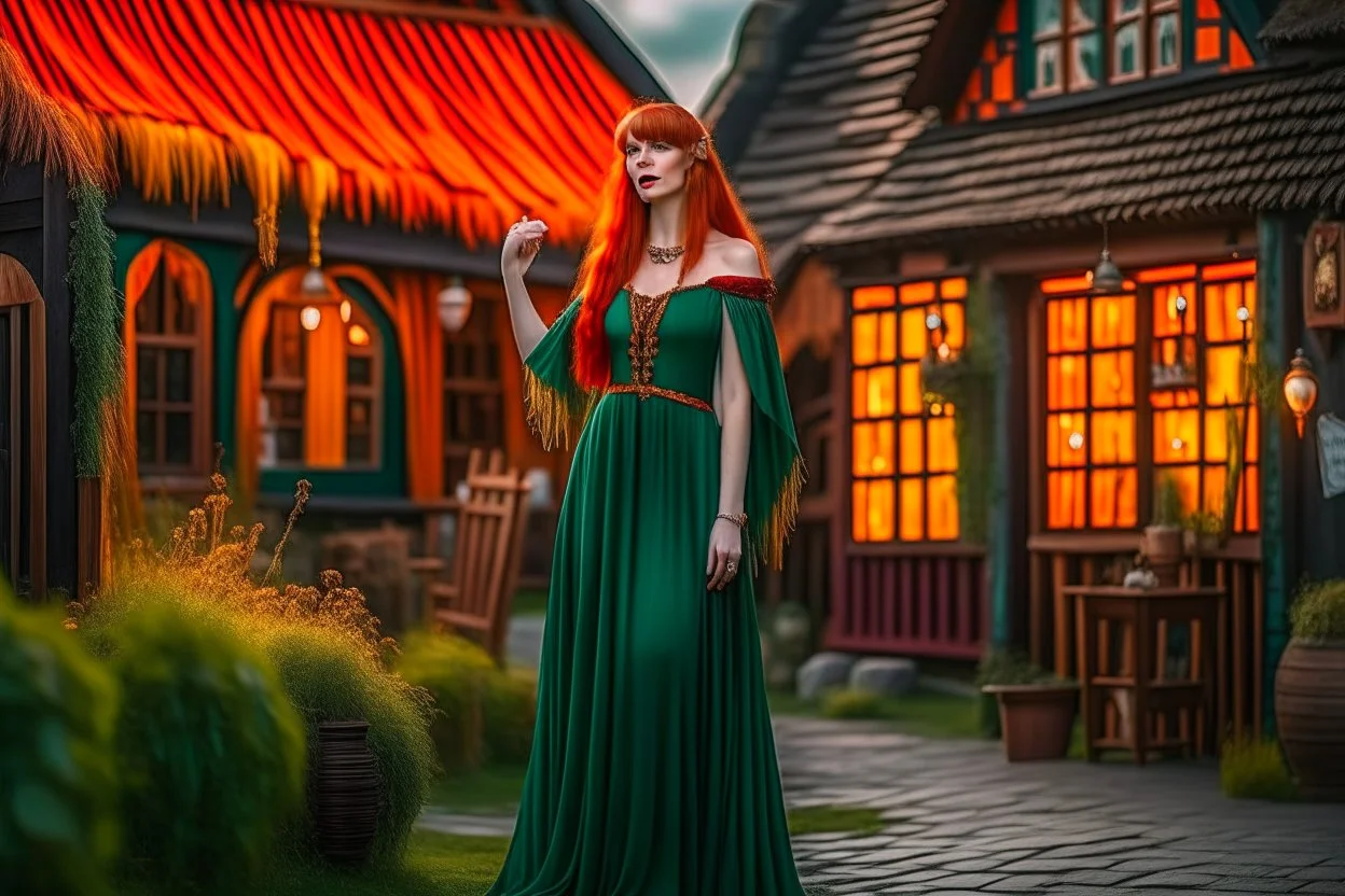 Full body shot of a tall slim pretty, red-headed young female witch, casting magical glowing symbols into the air, dressed in a long flowing green dress, standing in front of a row of cottages and shops with thatched roofs