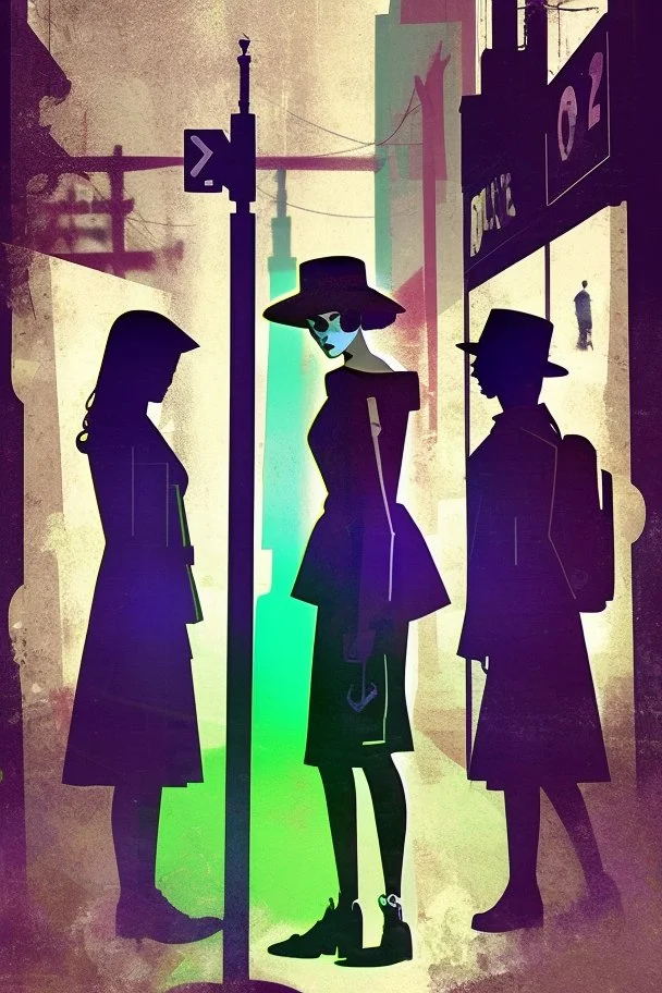 Design a detective book cover for teenagers. A teenage punk girl in the centre, one boy on her left, and one on her right are on the town street. Black cat. Banksy style, pop art style, mysterious atmosphere,