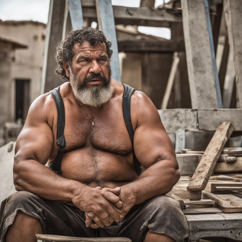 extreme close up photography of a sicilian ugly burly serious wet sweaty, muscular chubby strong fat carpenter, shirtless, boxer, bulge, manly chest, very hairy allover, big goatee 51 years old, short hair, sitting with open legs on a little chair , on a construction site in the middle of a road, under the August sun, emotional eyes, , hyper-realistic, photorealistic , frontal view from the ground