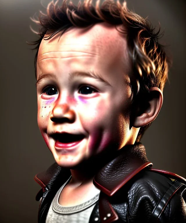 Heath ledger toddler, full body, leather jacket, soft skin, dramatic lighting, hyper realistic