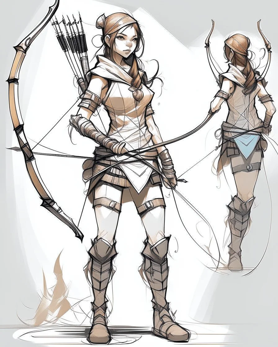 Girl Archer concept art, full body, sketch, coll style, bow