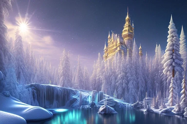  white and gold crystal castle，waterfall, winter snow flakessnow, northern Lights, full of details, smooth, bright sunshine，soft light atmosphere, light effect，vaporwave colorful, concept art, smooth, extremely sharp detail, finely tuned detail, ultra high definition, 8 k, unreal engine 5, ultra sharp focus