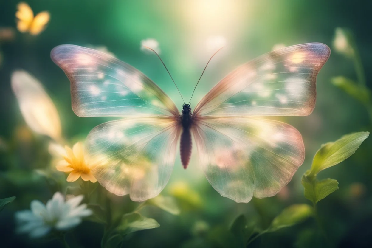 diaphanous colorful transparent light butterfly with glowing center on green leaves and flowers, ethereal, otherwordly, cinematic postprocessing, bokeh, dof