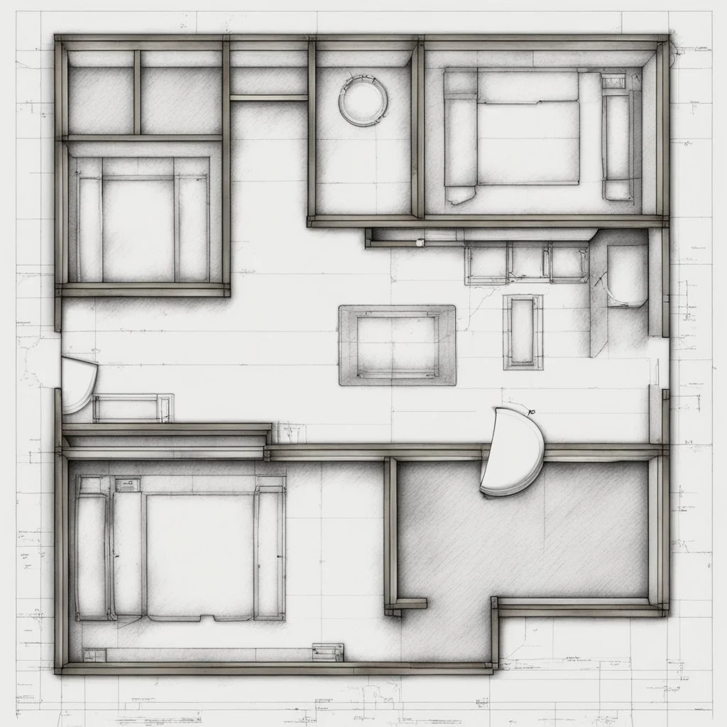 blueprint, one room, plan, illustration, aged, WITH FURNITURE