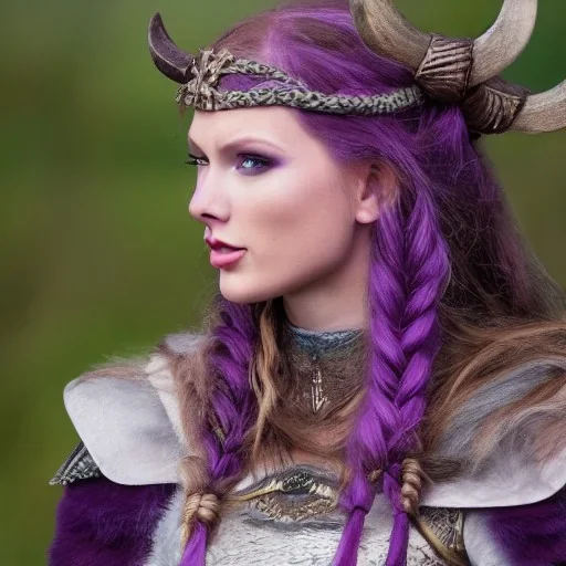 viking queen with purple armor, delicate purple braided hair, highly detailed, 8k, ambient light, taylor swift