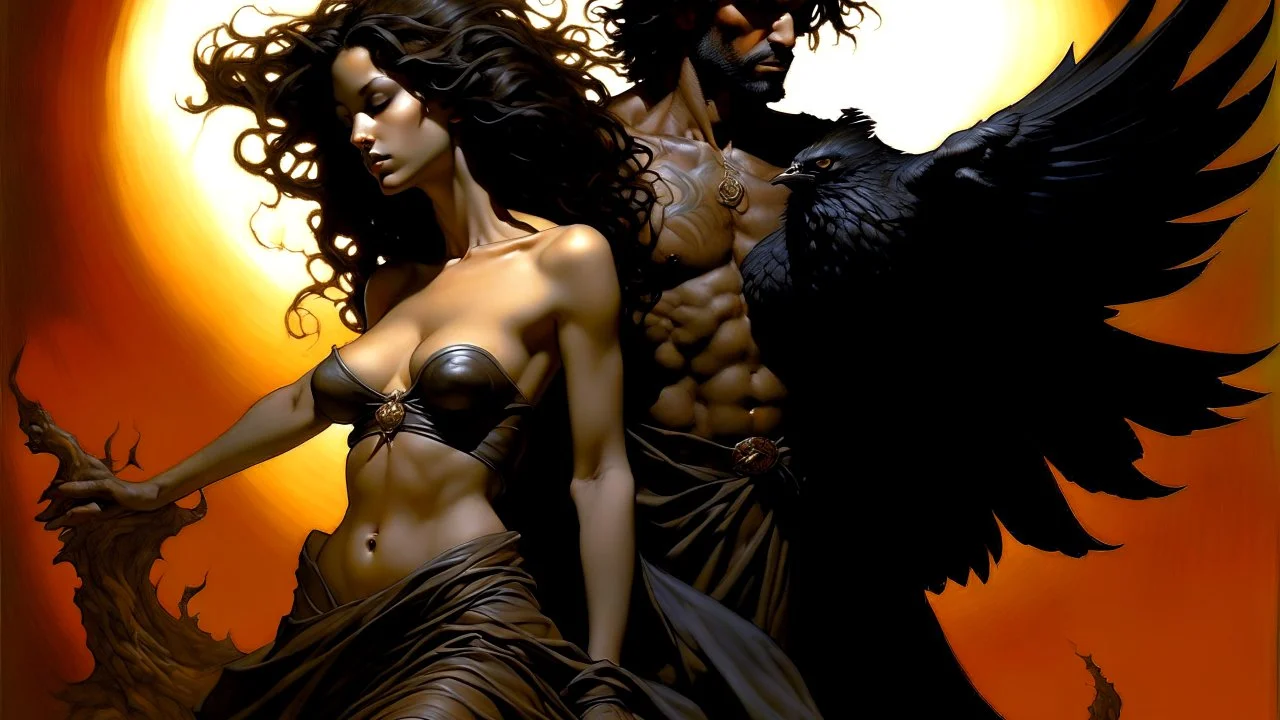 Venus, her hair loose like a moving orchestra, stands with an air of stealth, resembling a sculptural figure. Around him raven squawks in the foreground.