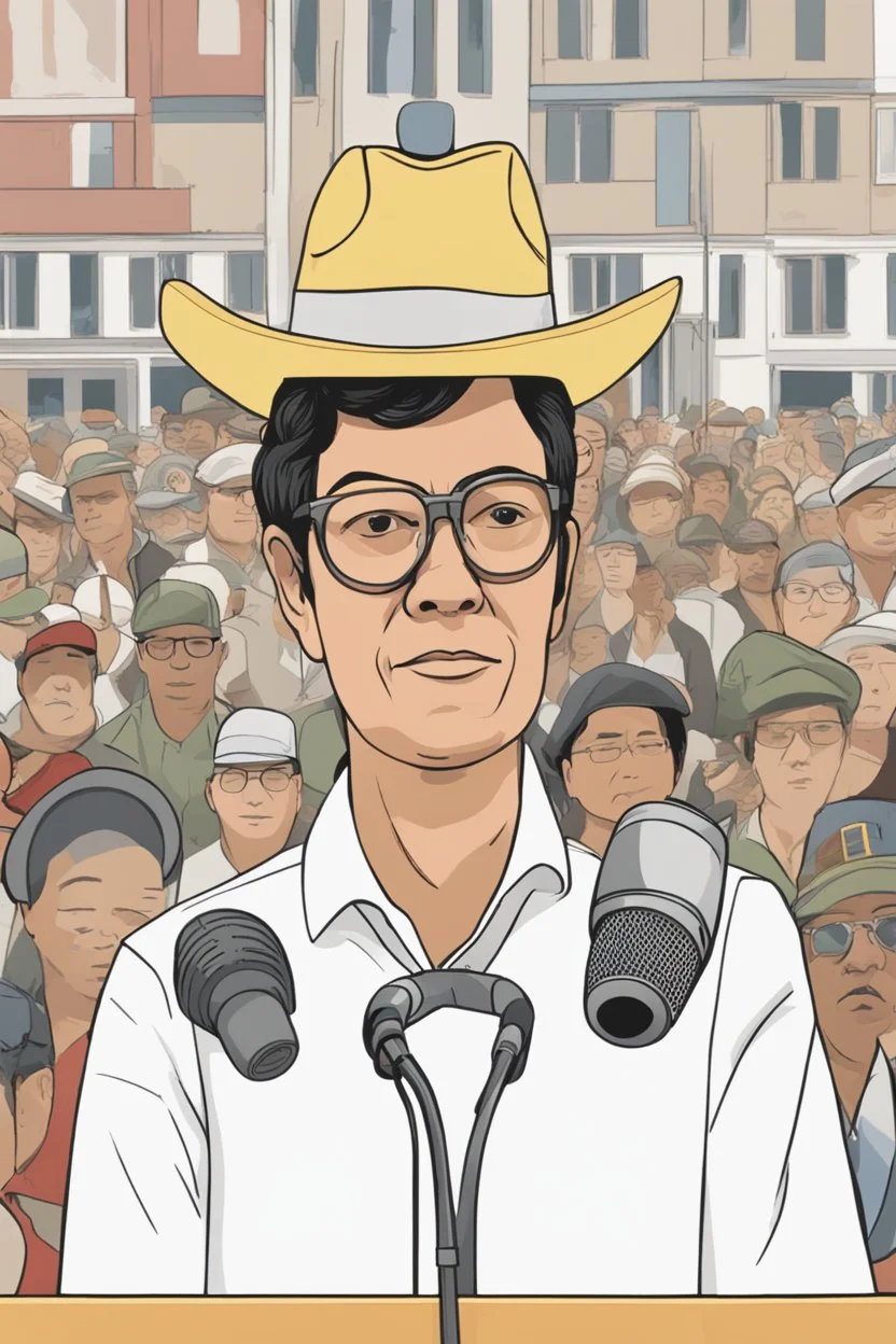 Cartoom illustration of Gustavo Petro, president of Colombia, speaking at a lectern with a microphone. With a hat that covers the eyes, and with (((shirt)))