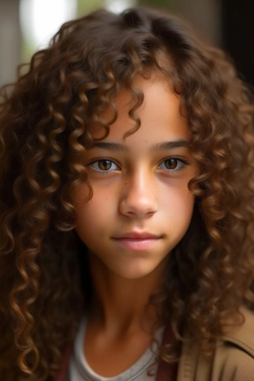 Mixed teen with brown curly hair and light brown eyes