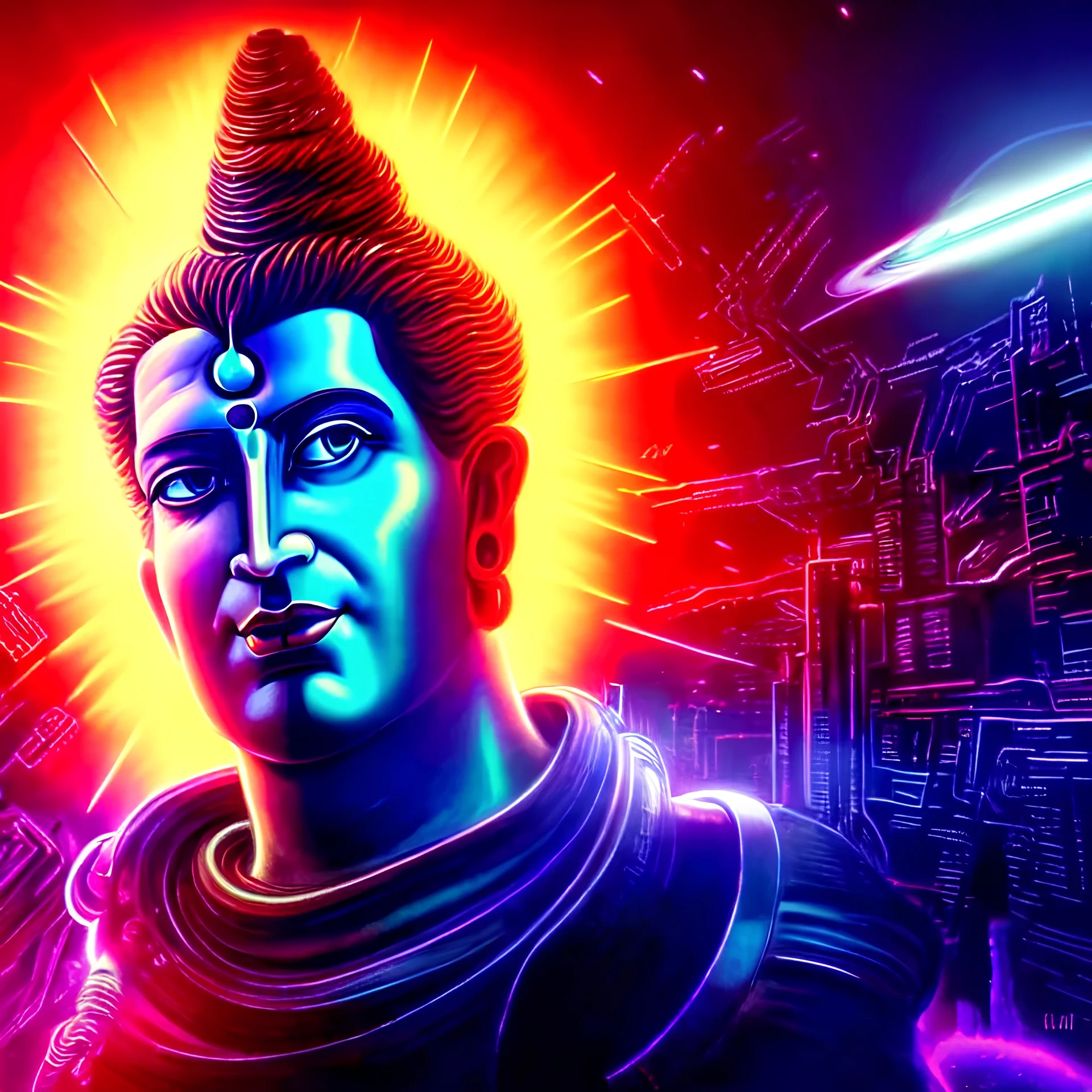 Futurist Portrait of god shiva, gigantic, a halo of energy around him, in a cyberpunk galaxy background, sci-fi, blade runner, 2048, avangers end game,digital artwork,with impressive detail, very realistic, thin blur neon outlines, best angle, best colors, perfectly symmetrical, 8k, hdr, octane rendering