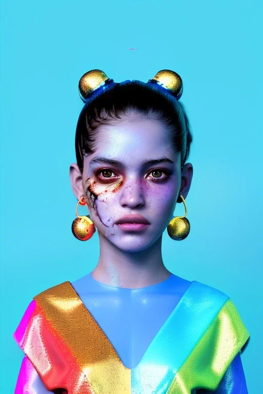 Ultra Realistic image, Rosalía artist, waist up portrait, black eye line, sweet angry face, geisha hair style, spray line make up, geometric, gold, big rings piercing, led ornament, bubble latex coat, cold, led lights, pop style, pink, blue, gold, vibrant color, highly detailed, art stations, concept art, smooth, unreal engine 5, god rays, ray tracing, RTX, lumen lighting, ultra detail, volumetric lighting, 3d, finely drawn, high definition, high resolution.