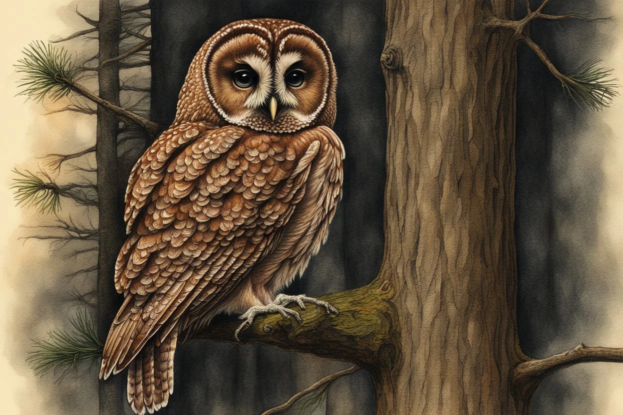 Brown Tawny Owl, pine tree, forest, autumn, dark night highly detailed intricate intricate details high definition crisp quality beautiful lighting pencil sketch watercolor dramatic lighting Deep shadows Warm colors warm light