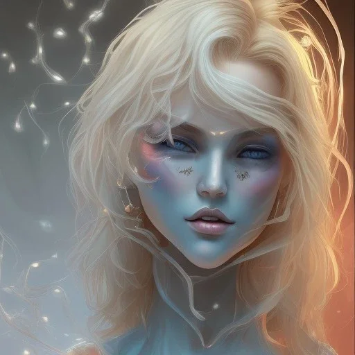 jolie visage de fée peau bleue ,longs cheveux blonds , fond bleu,Character Design, magician