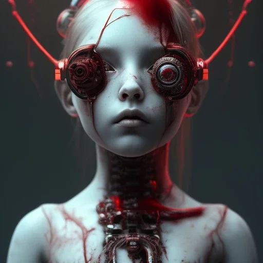 a little girl with a cyborg brain and a lot of red liquid, steam punk, scary, horror, realistic, made in octane, cinematic, ultra-realistic, extremely detailed octane rendering, 8K, VRAY Super Real ar 2:3, dof photorealistic futuristic 50mm lens hard lighting dark gray tintype photograph, realistic lighting, sephia colors