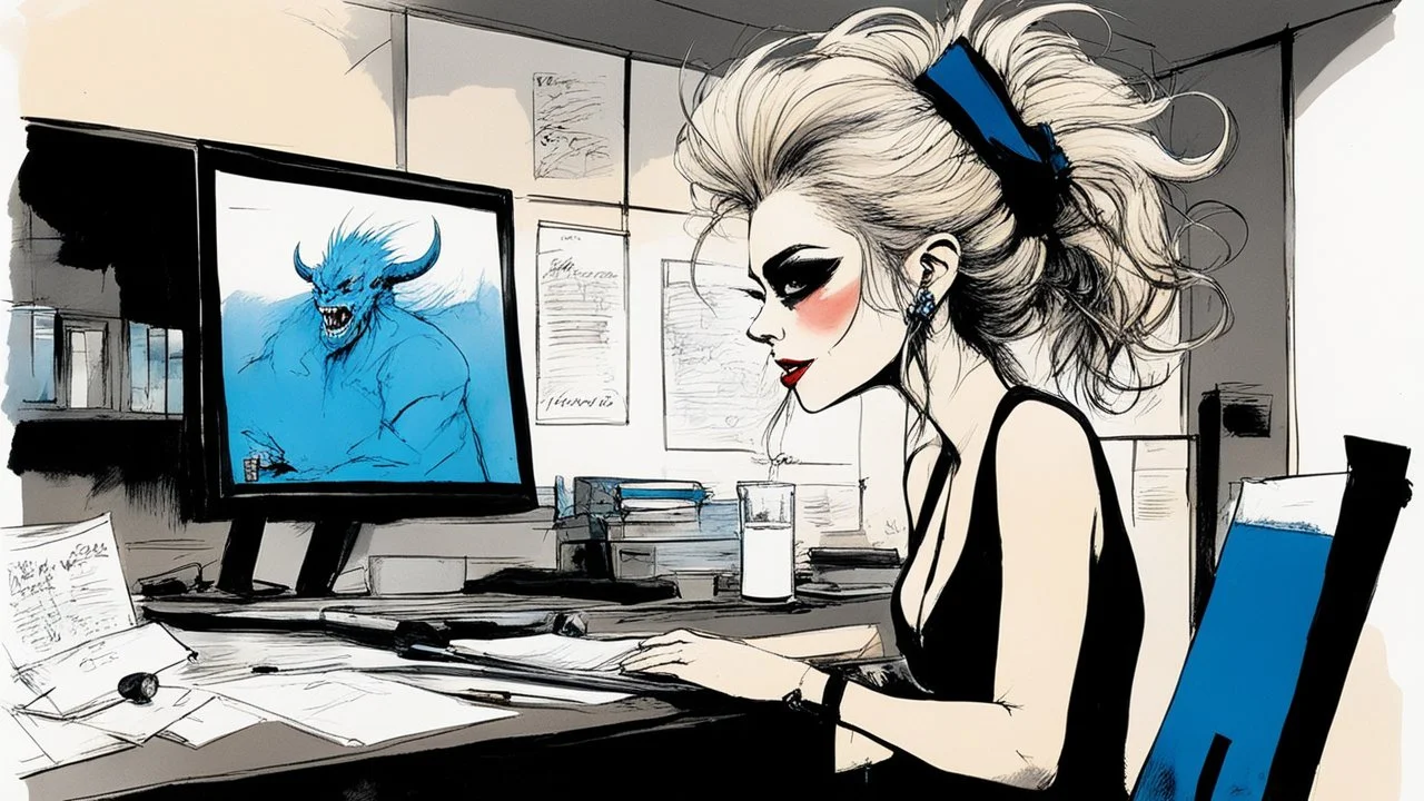[in her dark office with a pervert smile, by Ralph Steadman] Name: Nancy Occupation: Mid-level Contract Demon at Infernal Affairs Inc. Features: Hair: blonde with a sauerkraut hairdo Skin: light Eyes: blue Build: athletic and curvy Extra Details: small horns