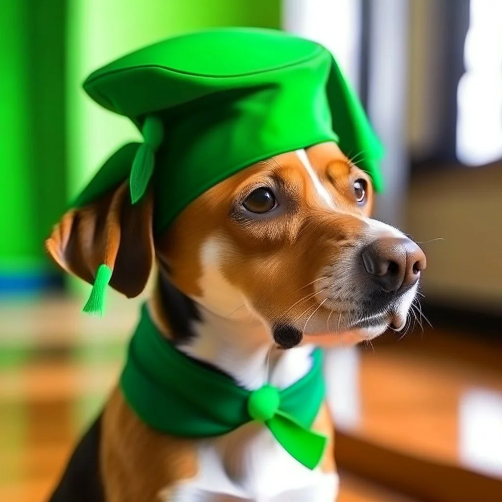 a dog going to the school with green hat