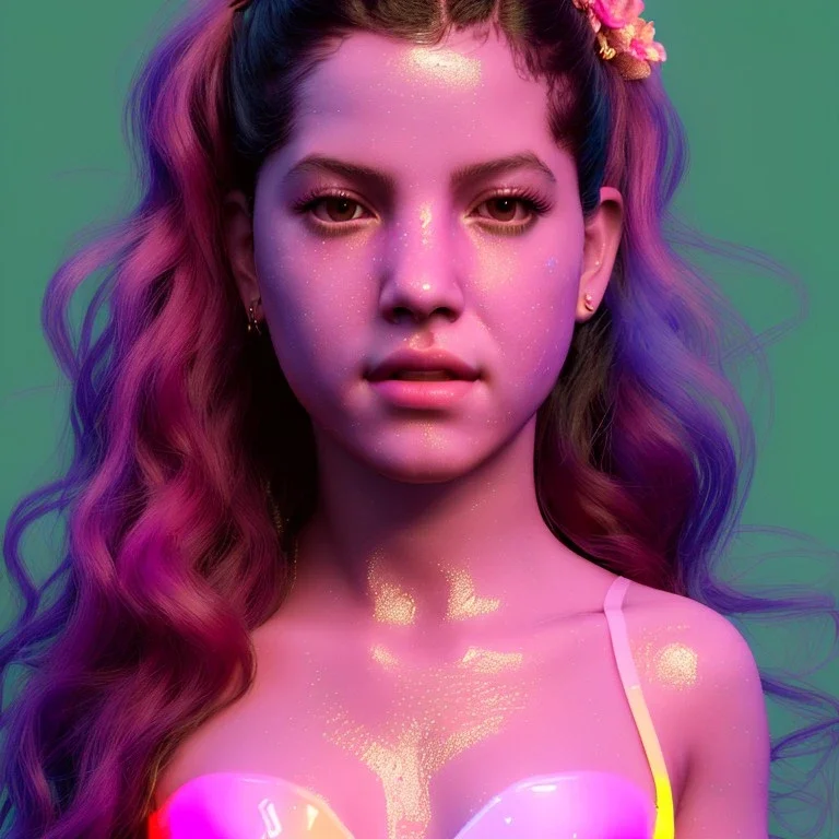 Rosalía artist, sweet teenager, gold, pink, geisha style, led lights, fog, rain, latex, vibrant color, highly detailed, art stations, concept art, smooth, unreal engine 5, god rays, ray tracing, RTX, lumen lighting, ultra detail, volumetric lighting, 3d, finely drawn, high definition, high resolution.