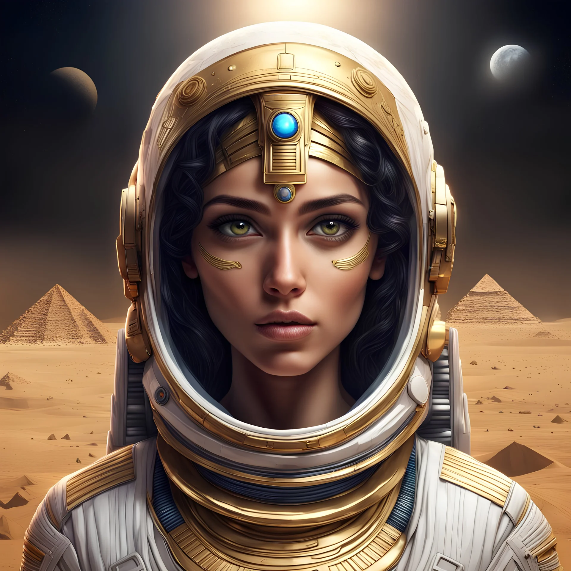 PRETTY EYES EGYPTIAN ASTRONAUT beautiful with simetric eyes, beautiful face and eyes, highly detailed face, GOLD eyes, realistic, PYRAMID background moon SPACESHIPS, Ultra detailed digital art masterpiece, beautiful GIRL 26 yearS old, EGYPTIAN with simetric eyes, SPACESHIPS BACK FLYING