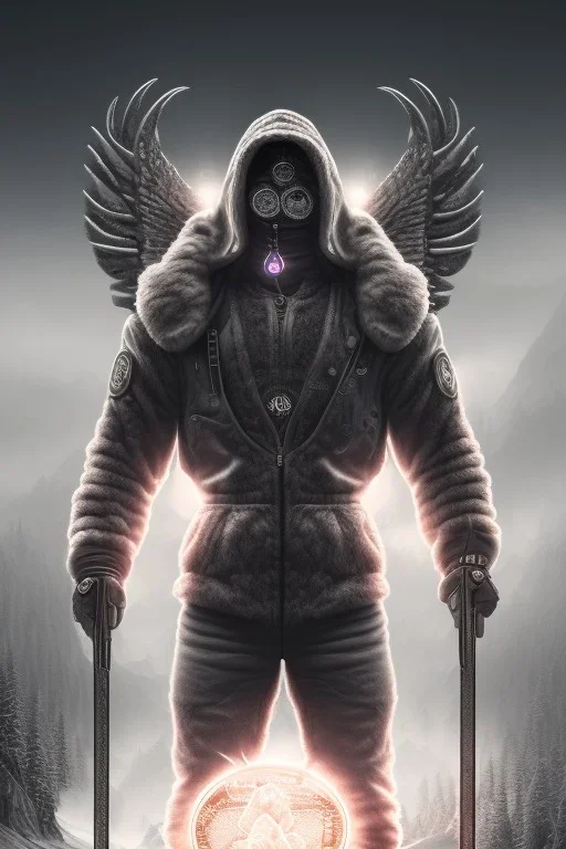 running berserker portrait , no face, black jogging suite , in the night Alps , holding coins , angels background, volumetric light, high detail, dark leaf tree, dark mountains in background, perfect, HR Giger style