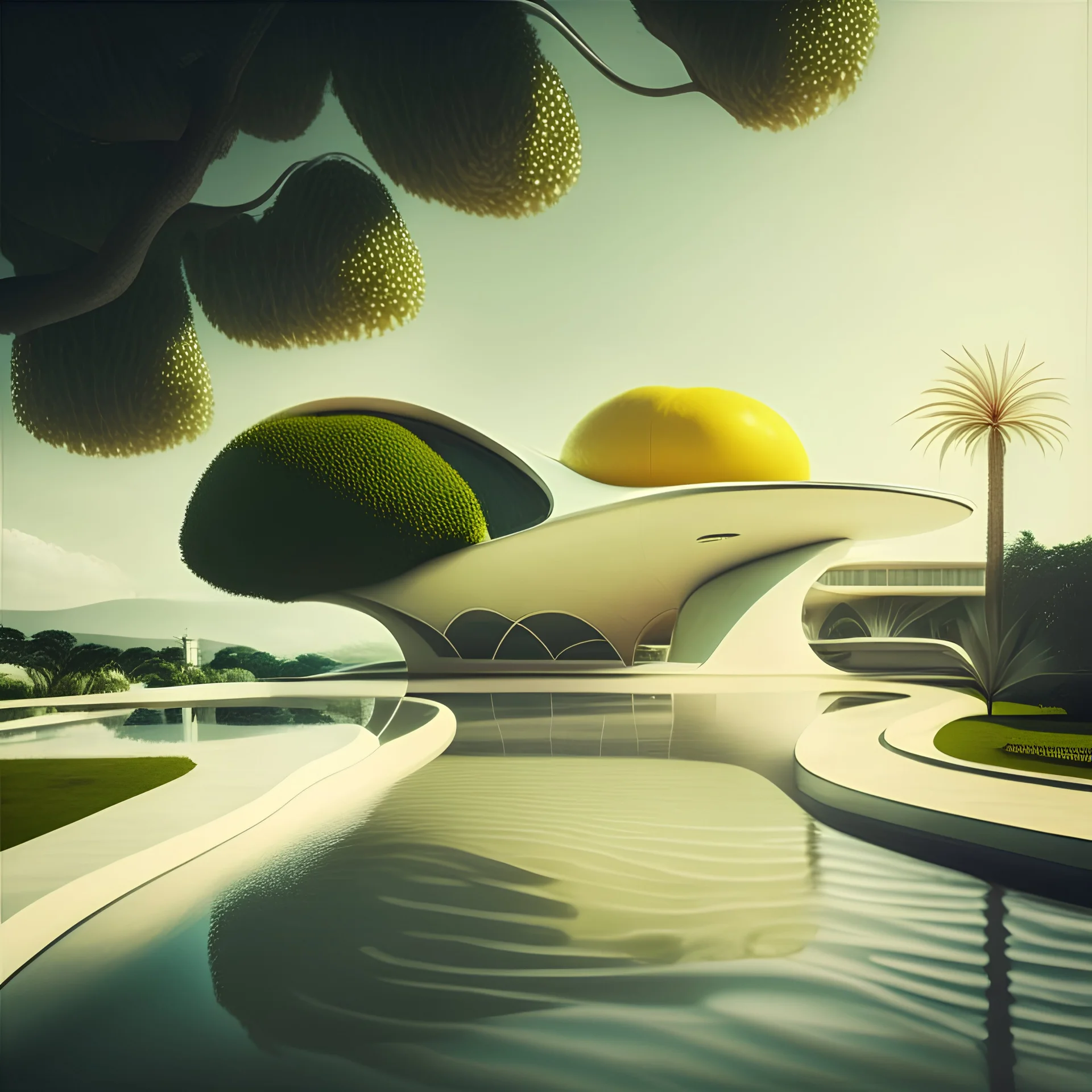 Create realistic and mesmerizing real life photo inspired by the iconic architect Oscar Niemeyer, showcasing a swimming pool, a dynamic cityscape, and a majestic lemon tree. The design should embody Niemeyer's distinctive style, characterized by sweeping curves and modernist forms.