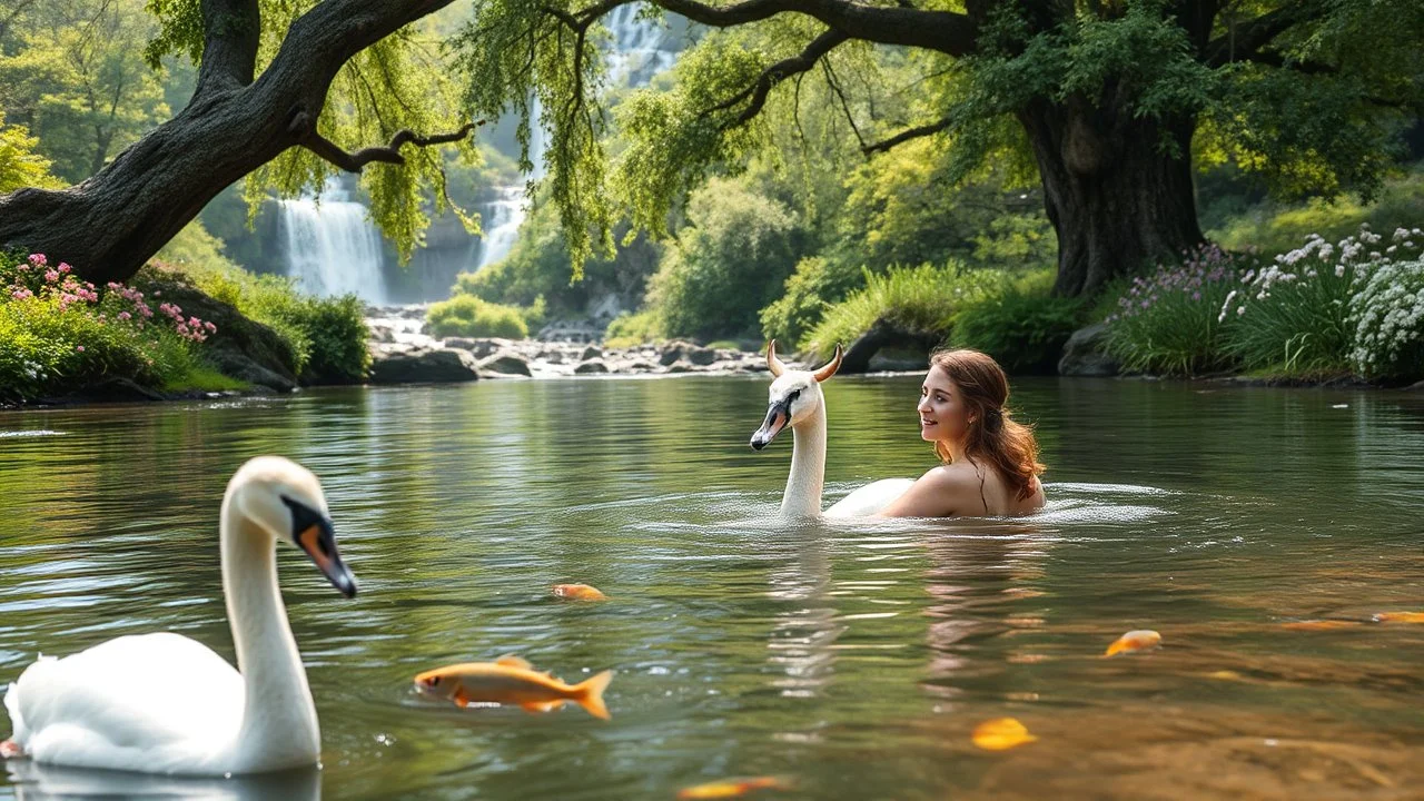 very beautifu lady is swimming in a beautiful river in country side with water falls and big tree,wild flowers and, swans pertty coloful fishes in river ,a pretty Deer with horns in inside plants,butterflies around flowers,heaven escape,