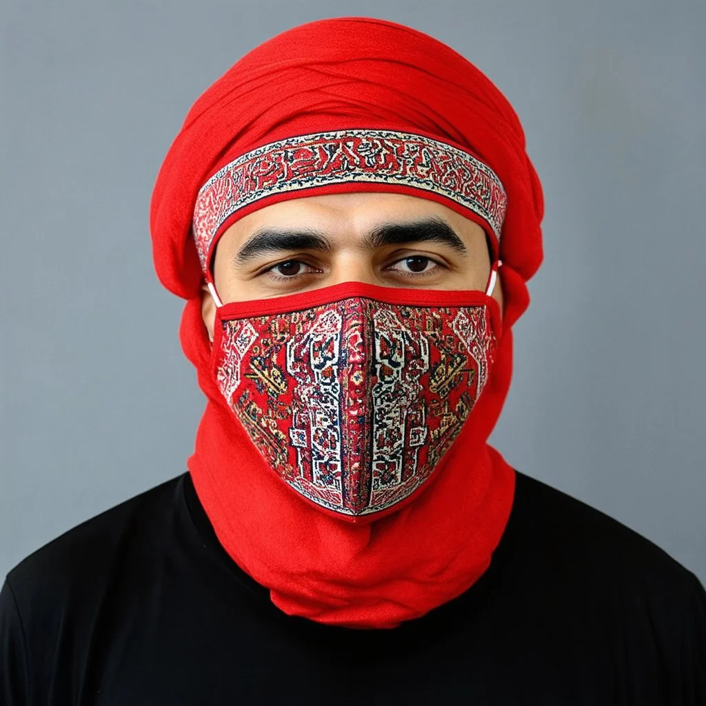 men ,modernism ,Full face mask. Made of carpet. With symbols of Iranian carpets and Iranian culture. Modeling photo using red colors.