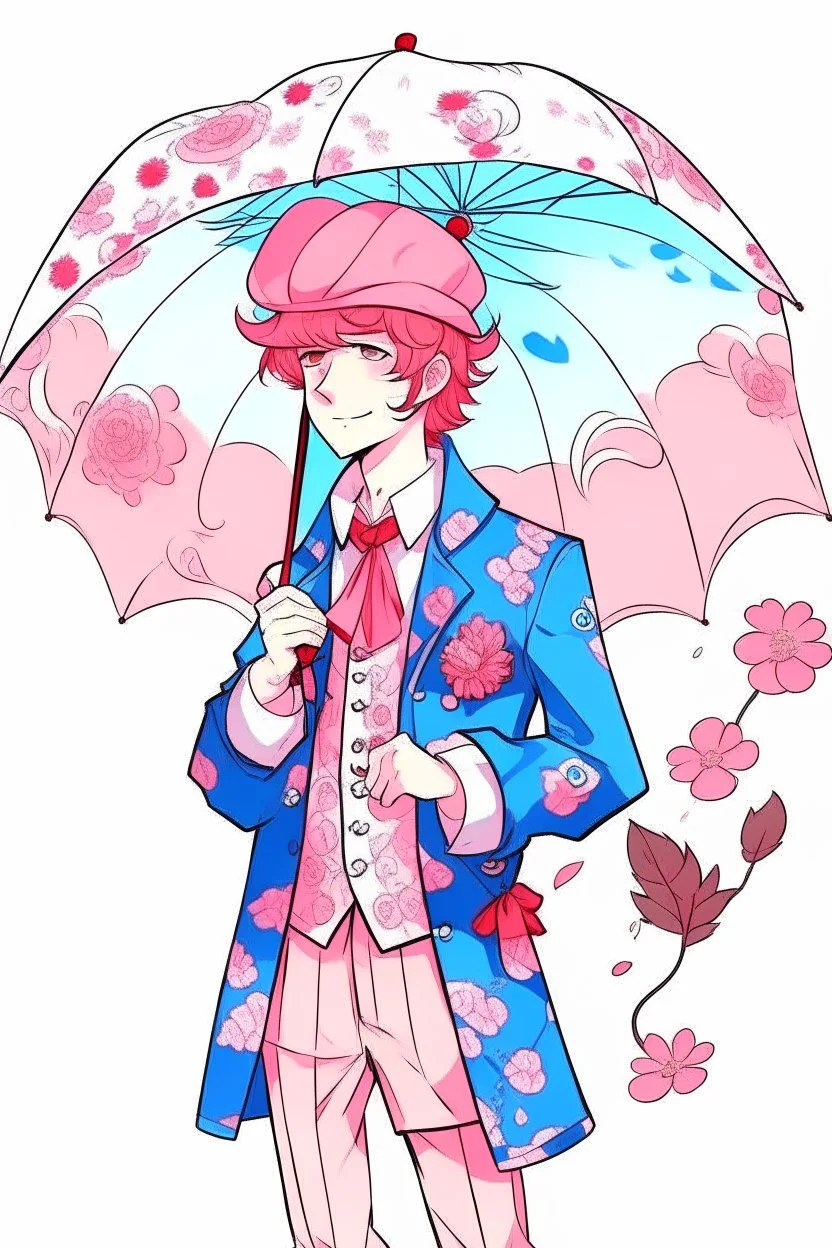 kind sailor, man, red slightly curly hair, long jacket, pink-azure clothes, pink-azure cocked hat, white floral pattern on the jacket, flower in the hair. Pink and blue umbrella.