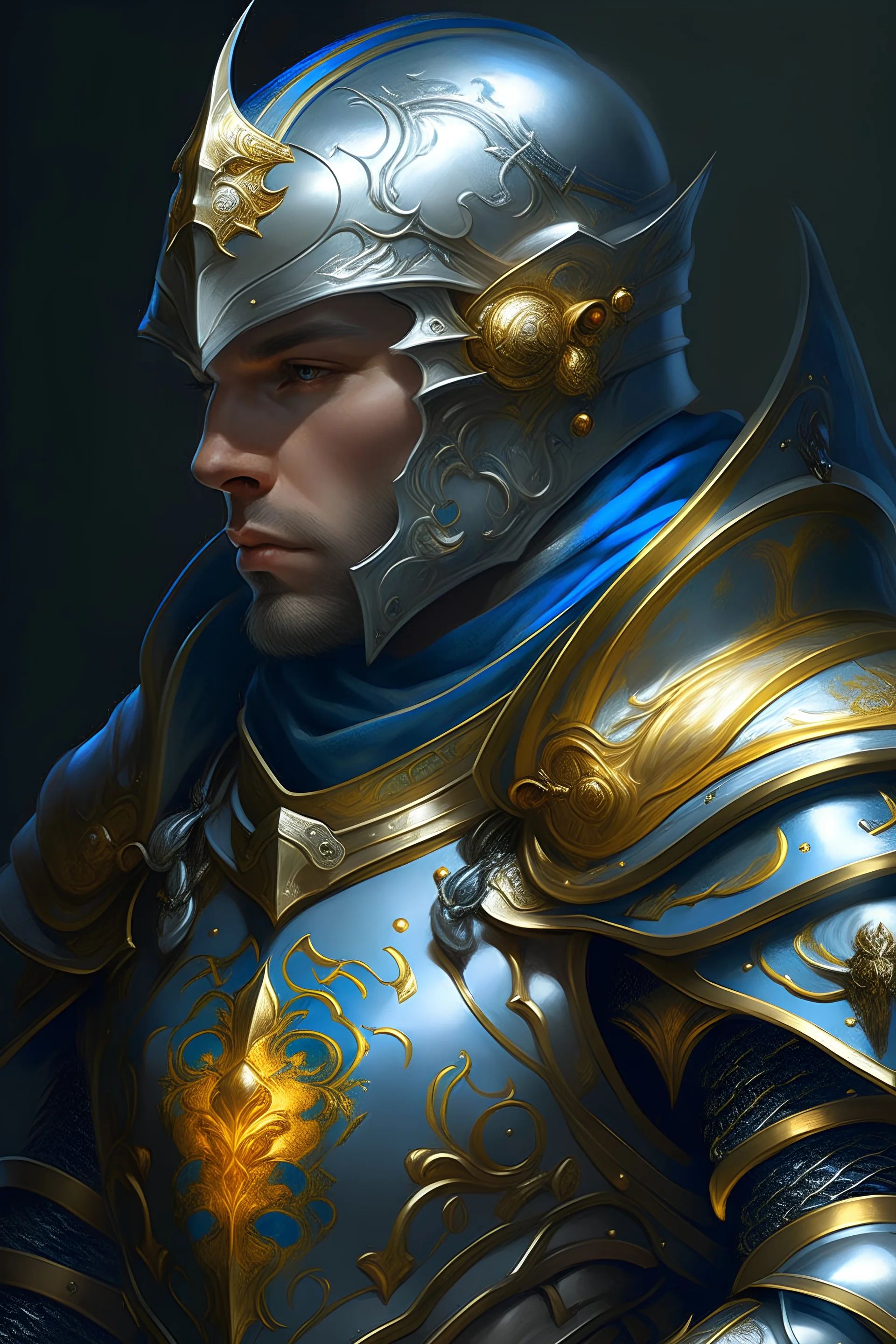 Closeup portrait of a knight wearing a full suit of armor, intricate details, majestic and powerful, bright shining silver armor, matching blue cape, a golden crown, artstation trending, highly detailed, digital painting, art by wlop, greg rutkowski, and charlie bowater.