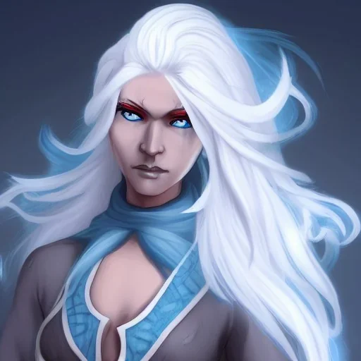 Female Air Genasi Monk dungeons and dragons character, with light blue skin, flowing white hair, and grey eyes