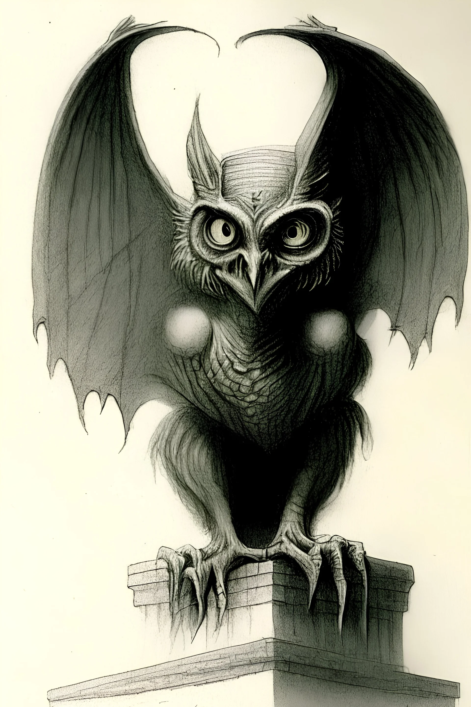 Sketchdrawing of an owl monster gargoyle by Alan Lee