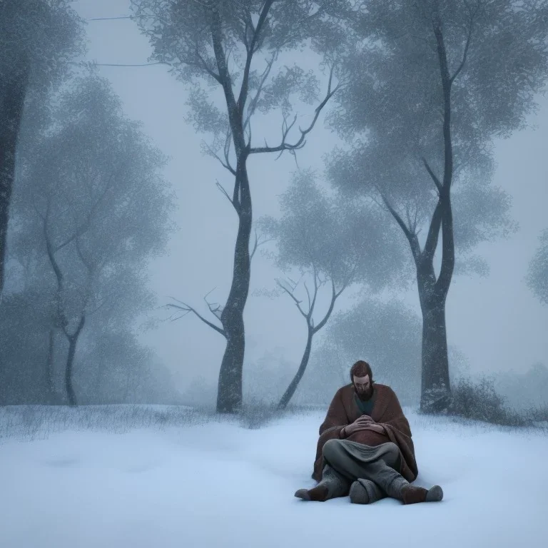 tired man sleeping in the arms of jesus christ , in snow, portrait, student costume, village, meditation, woods, cyberpunk, 8k quality