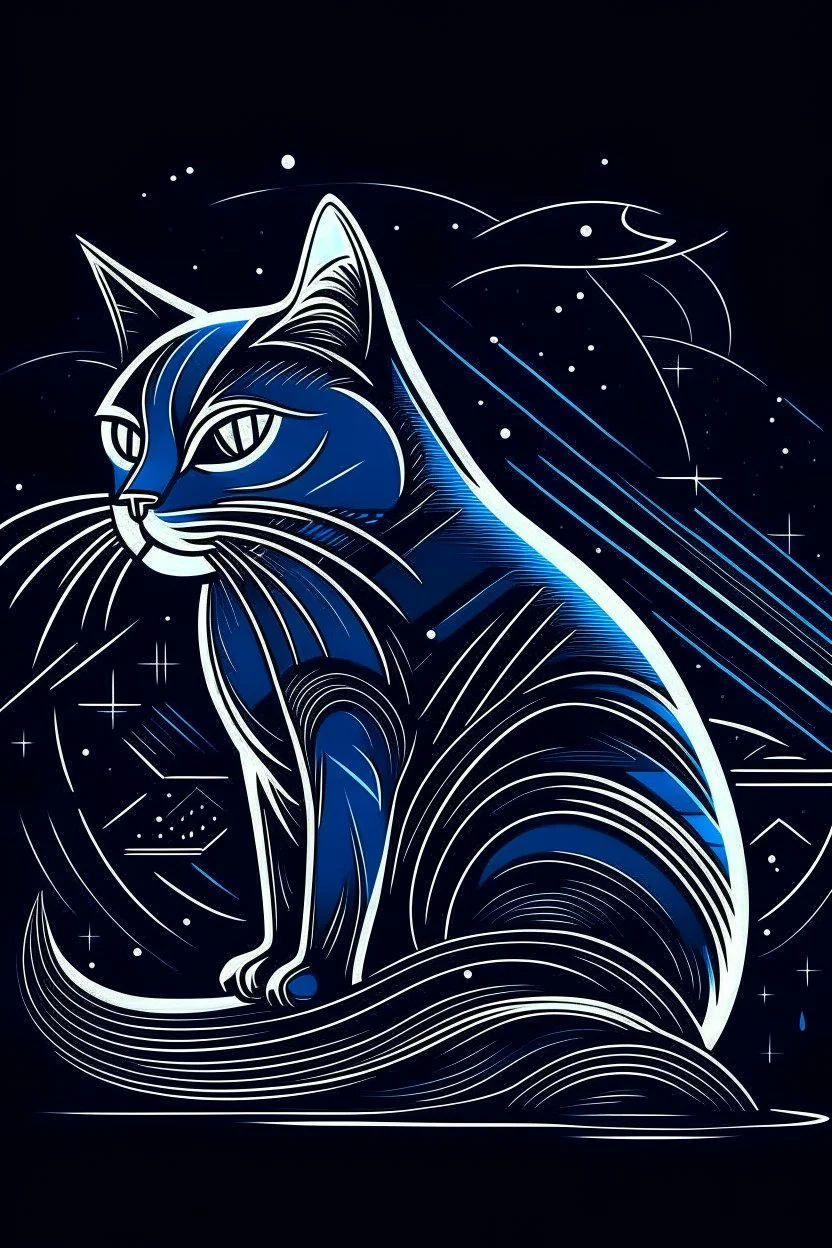 A sleek, silver CAT with a single, neon fin, cruising through a starry night sky. Style: Art Deco, Mood: Mysterious and Glamorous, Lighting: Deep blue with neon highlights, T-shirt design graphic, vector, contour, white background.