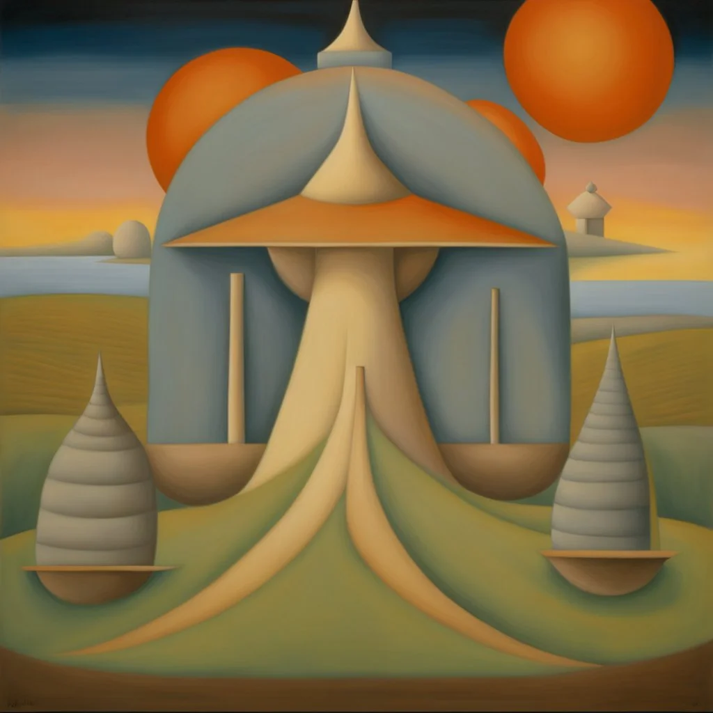 art by "Bridget Bate Tichenor", painting, landscape , Feigned The Palace Beyond Good and Evil, at Dawn, Illustration, Hopeless, 70s Science Fiction, Provia, overly complex style