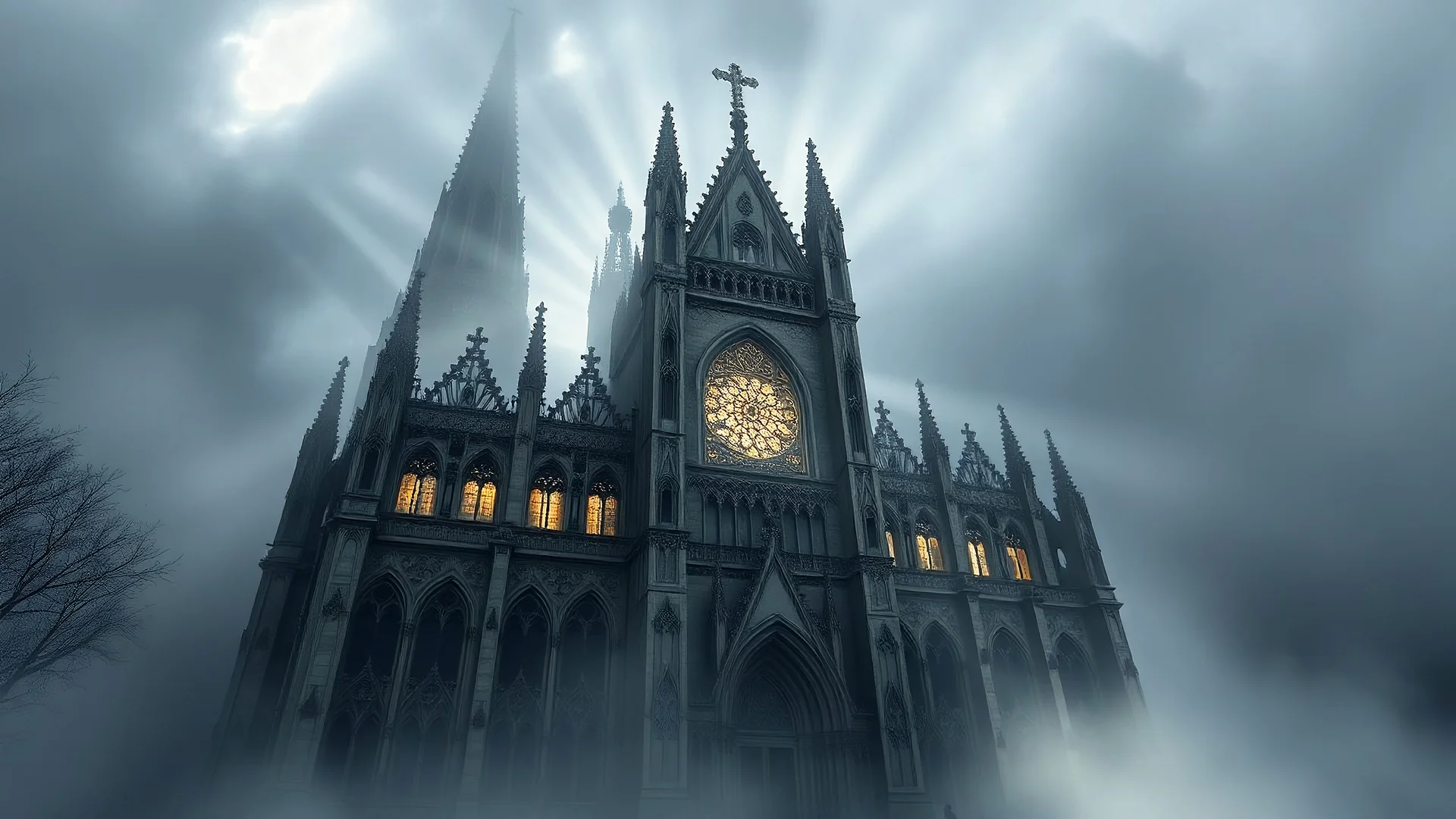 A majestic Gothic cathedral rises, shrouded in mist with beams of light piercing the gloom, accentuating its intricate architecture.