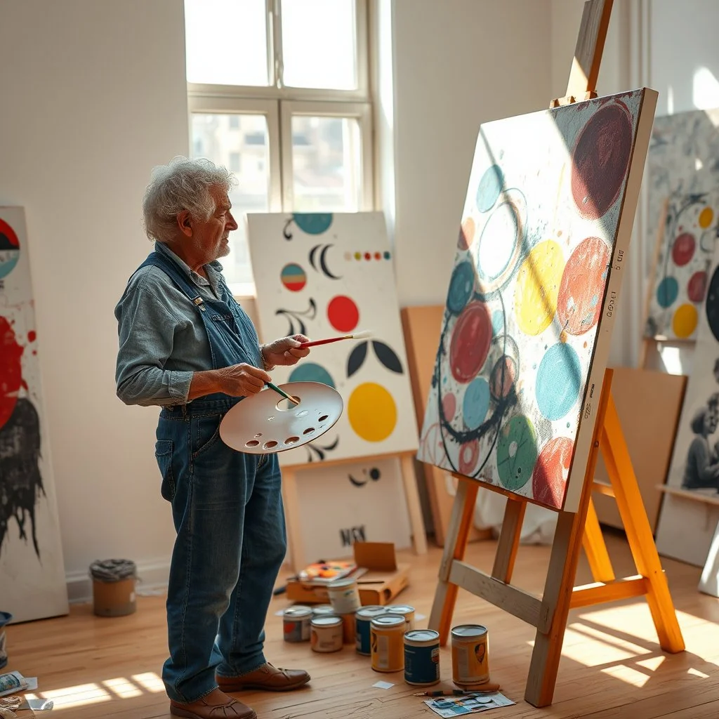 Elderly artist with curly gray hair painting abstract art in sunlit studio, blue denim overalls, holding brush and palette, large colorful canvas with geometric circles and organic forms, "Controlled Spontaneity" artwork, paint cans on floor, wooden easel, natural lighting --ar 16:9 --v 6.1 --style raw --q 2