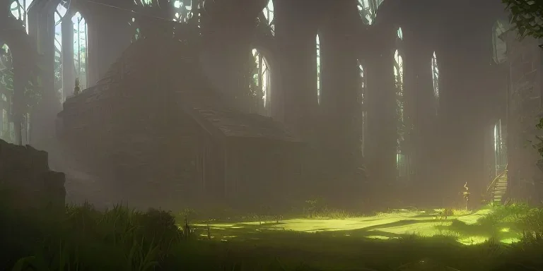 Ruined overgrown castle in a forest, light rays, dynamic lighting