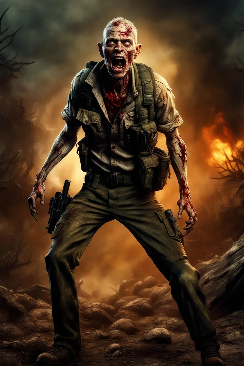 photorealistic, digital image, 12k ultra high definition, highly detailed,cool looking zombie with human features ,he is a wildlife ranger, ripped ranger clothing,nail scratches,wiild hair, close-up action shot of him, mysterious , exploding dramatic and chaotic background