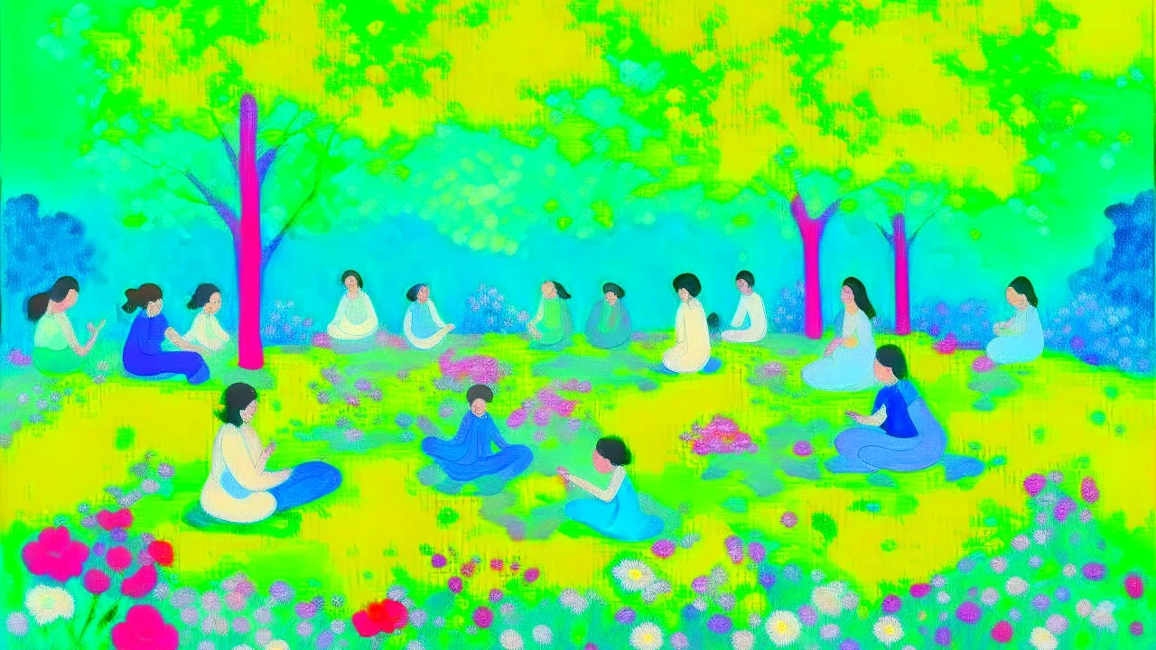 An illustration by Monet and Miyazaki of individuals practicing yoga surrounded by blooming flowers and lush vegetation.