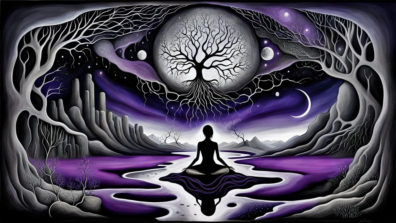 painted inner world with neurodivergens mind and soul, floating weid sharpen things over cracked weird landscape . an alone woman of black shilutte sitting in big fade neuoron web. deep dark colors, dark purple, gray, with silver and black. in background big dark abyss, surreal vibe, Whimsical strange style of Chagall, of LORI EARLEY and of Anton Semenov. weird absurd beauty nightmare, black shadows, in background cyber neuronic network, surreal vibe,