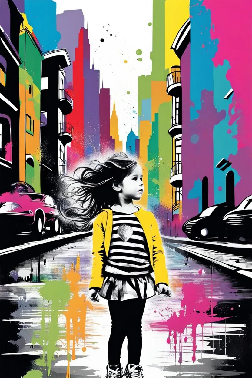 Mixed media picture, the background is black and white line art cityscape. In the middle a colorful photo of a little girl playing in the street, the girl is wearing colorful clothes, her hair is black. enhancing the contrast between her and the black and white cityscape, splash art