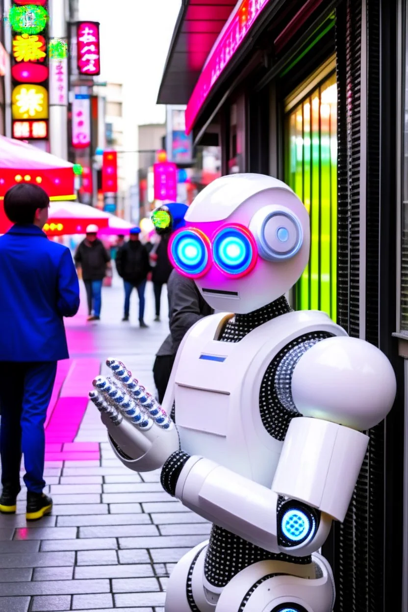 robot blowing bubbles on streets of tokyo in the style of hiroku ogai