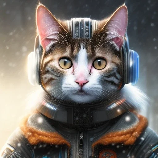 Cyberpunk Portrait of cat child with brown hair and with cute face, north pole snowy vibe , perfect composition, hyperrealistic, super detailed, 8k, high quality, trending art, trending on artstation, sharp focus, studio photo, intricate details, highly detailed, by greg rutkowski