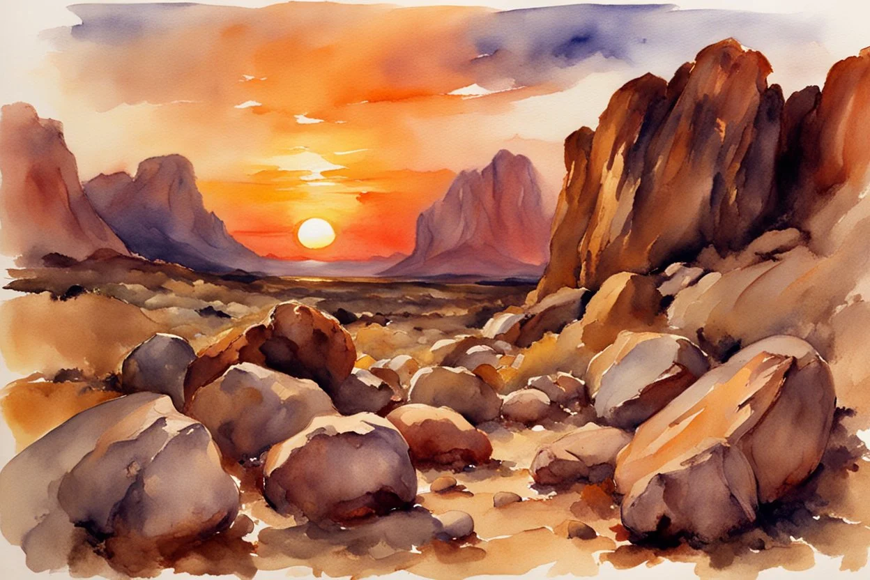 Sunset, rocks, mountains, rocky land, epic, john singer sargent watercolor paintings